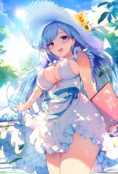 Rule 34 | 1girl, :d, absurdres, bare shoulders, belt, blue hair, blue ribbon, breasts, cleavage, cowboy shot, day, dress, emori miku, flower, frilled dress, frills, hat, hat flower, highres, holding, kat (bu-kunn), liver city, long hair, looking at viewer, open mouth, outdoors, purple eyes, ribbon, sleeveless, sleeveless dress, smile, solo, standing, straw hat, sunflower, sunlight, white dress, white hat