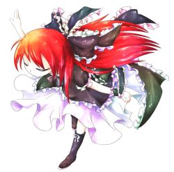 Rule 34 | 1girl, boots, closed eyes, dress, expressionless, farewell (game), frills, full body, hair ribbon, leaning forward, long hair, outstretched arms, ponytail, red hair, relic (farewell), ribbon, sabisabikyatto, simple background, solo, spread arms, wristband