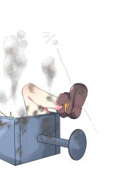 Rule 34 | 1girl, ankle boots, asphalt cutter (ole tower), bad id, bad pixiv id, boots, brown footwear, chair, failure, fallen down, muhirora, ole tower, simple background, smoke, solo, torn clothes, translation request