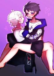 Rule 34 | 2boys, after the rain, bad id, bad pixiv id, black hair, blue eyes, blush, coat, hood, hoodie, jewelry, long sleeves, looking at viewer, mafumafu, male focus, multiple boys, musical note, necklace, niconico, no panties, no pants, open mouth, red eyes, shirt, short hair, simple background, soraru, utaite, vocaloid, white hair, white shirt, yaoi