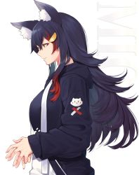 Rule 34 | 1girl, animal ear fluff, animal ears, black hair, breasts, character name, flipped hair, hair ornament, hairclip, highres, hololive, hood, hood down, hooded jacket, jacket, long hair, mikan (chipstar182), multicolored hair, ookami mio, ookami mio (casual), own hands together, parted lips, profile, red hair, shirt, smile, solo, streaked hair, virtual youtuber, wolf ears, wolf girl, yellow eyes