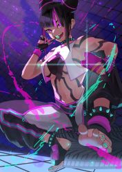 Rule 34 | 1girl, absurdres, aqua nails, bare shoulders, black choker, black hair, bracelet, breasts, candy, cellphone, choker, commentary, cone hair bun, crop top, fingerless gloves, fingernails, food, gloves, hair bun, hair horns, han juri, highres, holding, holding phone, jewelry, litimo, lollipop, looking at viewer, midriff, multicolored hair, nail polish, navel, open mouth, phone, purple eyes, purple gloves, purple hair, sitting, sleeveless, solo, spiked anklet, spiked bracelet, spiked choker, spikes, streaked hair, street fighter, street fighter 6, toeless footwear, tongue
