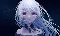 Rule 34 | 1girl, absurdres, black collar, black ribbon, braid, collar, collarbone, crying, crying with eyes open, detached collar, floating hair, highres, long hair, looking at viewer, neck ribbon, off shoulder, open mouth, original, portrait, purple eyes, ribbon, saikisaika, silver hair, single braid, solo, tears, wing collar