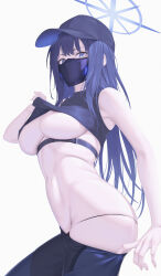 Rule 34 | 1girl, absurdres, baseball cap, black hair, black hat, black panties, black pants, black shirt, blue archive, blue eyes, breasts, clothes pull, halo, hat, highres, large breasts, looking at viewer, mask, mouth mask, navel, nmi, panties, pants, pants pull, saori (blue archive), shirt, sleeveless, sleeveless shirt, solo, underboob, underwear