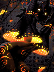 Rule 34 | 1girl, andaerz, arms up, black hair, black sclera, black skin, capelet, colored sclera, colored skin, commentary, english commentary, facial mark, full-body tattoo, glowing, glowing clothes, glowing eyes, glowing tattoo, highres, looking at viewer, orange eyes, original, tattoo