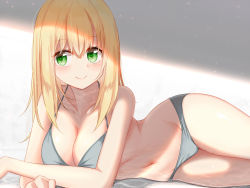 Rule 34 | 1girl, arm support, bad id, bad pixiv id, bikini, blonde hair, blush, breasts, cleavage, closed mouth, commentary request, crossed arms, grey bikini, groin, light blush, light particles, looking at viewer, lying, medium breasts, medium hair, navel, nerisan, on side, original, partial commentary, puddle, smile, solo, swimsuit, thighs, water