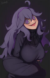 Rule 34 | 1girl, @ @, ahoge, alternate breast size, arm under breasts, black background, black hair, blush, commentary, creatures (company), darahan, dress, english commentary, game freak, hair between eyes, hairband, hands up, hex maniac (pokemon), kneeling, long hair, long sleeves, looking at viewer, messy hair, nintendo, open mouth, pokemon, pokemon xy, purple hairband, signature, simple background, solo, surprised, tongue, turtleneck