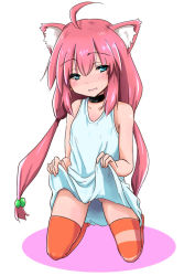 Rule 34 | 1girl, ahoge, animal ears, blue eyes, blush, bottomless, cat ears, clothes lift, hair bobbles, hair ornament, hinata channel, hinomoto (hinomoto2), kneeling, lifted by self, long hair, low twintails, nekomiya hinata, open mouth, orange thighhighs, pink hair, shirt lift, smile, solo, striped clothes, striped thighhighs, thighhighs, twintails, vest, vest lift, virtual youtuber, white vest