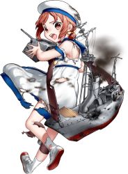 Rule 34 | 1girl, child, dress, full body, hat, hozuka (kadokawa), kaiboukan no. 4 (kancolle), kantai collection, kneehighs, machinery, official art, open mouth, red eyes, red hair, sailor dress, sailor hat, short hair, short sleeves, smoke, socks, solo, source request, torn clothes, torn dress, torn hat, torn legwear, torn socks, transparent background, white dress, white hat, white socks