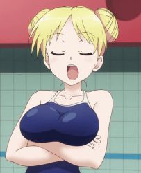 Rule 34 | 10s, 1girl, animated, animated gif, arms under breasts, bakuon!!, blonde hair, bouncing breasts, breasts, closed eyes, hair bun, hair ornament, large breasts, one-piece swimsuit, open mouth, short hair, single hair bun, solo, suzuki (company), suzunoki rin, swimsuit, upper body