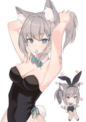 Rule 34 | 1girl, absurdres, animal ear fluff, animal ears, armpits, arms behind head, arms up, bad id, bad pixiv id, bare arms, bare shoulders, black hairband, black leotard, blue archive, blue bow, blue bowtie, blue eyes, bow, bowtie, breasts, cat ears, chibi, cleavage, closed mouth, collar, commentary request, detached collar, fake animal ears, fishnet pantyhose, fishnets, goyain, grey hair, hair tie, hair tie in mouth, hairband, highres, leotard, mouth hold, multiple views, pantyhose, playboy bunny, rabbit ears, shiroko (blue archive), simple background, small breasts, strapless, strapless leotard, tying hair, white background, white collar, wing collar