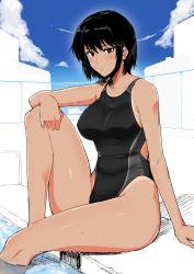 Rule 34 | 1girl, absurdres, black hair, brown eyes, competition swimsuit, halcon, highleg, highleg swimsuit, highres, one-piece swimsuit, original, short hair, sitting, solo, swimsuit, thighs