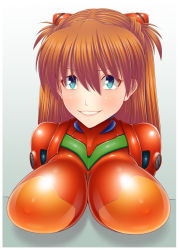 Rule 34 | 1girl, adapted costume, alternate breast size, blue eyes, blush, bodysuit, breasts, brown hair, hair ornament, large breasts, lips, long hair, looking to the side, neon genesis evangelion, nipples, pixiv1478062, plugsuit, red bodysuit, shiny clothes, shiny skin, skin tight, smile, solo, souryuu asuka langley, two side up, upper body, very long hair