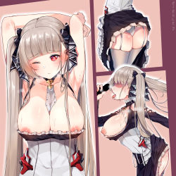 Rule 34 | 1boy, 1girl, areola slip, armpits, arms up, artist name, ass, azur lane, between breasts, black dress, blunt bangs, blush, breasts, breasts out, breath, cleavage, closed mouth, clothes lift, commentary, cowboy shot, cum, cum on ass, cum on body, cum on breasts, cum on upper body, dress, dress lift, drooling, esencey, facial, formidable (azur lane), garter straps, hair ribbon, handjob, heavy breathing, hetero, highres, large breasts, long hair, looking at viewer, multiple views, nipples, no eyes, one eye closed, out of frame, panties, pantyshot, penis, profile, red eyes, ribbon, saliva, shaded face, silver hair, solo focus, standing, straight hair, stretching, sweat, thighhighs, tongue, tongue out, twintails, underwear, upper body, white panties, white thighhighs