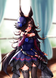 Rule 34 | 1girl, :p, absurdres, black hair, blurry, blurry background, blush, breasts, dagger, gothic lolita, hair over one eye, hat, highres, horse girl, knife, lolita fashion, long hair, looking at viewer, purple eyes, rice shower (umamusume), sheath, sheathed, shin (dshinb), small breasts, solo, thighhighs, tongue, tongue out, twitter username, umamusume, weapon