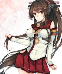 Rule 34 | 10s, 1girl, bare shoulders, breasts, brown eyes, brown hair, cherry blossoms, detached sleeves, fingernails, headgear, highres, hip vent, holding, holding hair, kantai collection, long hair, looking at viewer, medium breasts, petals, pleated skirt, ponytail, radar hair ornament, red skirt, rinarisa, skirt, sleeves past wrists, solo, very long hair, yamato (kancolle), zulu (naval flag)