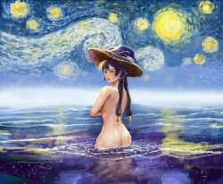 Rule 34 | 1girl, amibazh, ass, crossed arms, earrings, fine art parody, frown, genshin impact, green eyes, hair ornament, hair ribbon, hat, jewelry, looking back, mona (genshin impact), nude, parody, purple hair, reflection, reflective water, ribbon, sidelocks, solo, starry night, twintails, vincent van gogh (style), wading