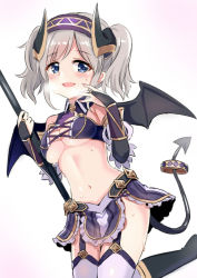 Rule 34 | 1girl, :d, bandeau, bare shoulders, black bandeau, black footwear, black wings, blue eyes, blush, boots, breasts, bridal gauntlets, character request, commentary request, cross-laced clothes, cross-laced top, curled horns, demon girl, demon horns, demon tail, demon wings, garter straps, gradient background, headband, heavy breathing, holding, horns, knee boots, long hair, medium breasts, navel, open mouth, princess connect!, purple background, purple skirt, silver hair, simple background, skirt, smile, solo, sweat, tail, thighhighs, twintails, unname, white background, white thighhighs, wings