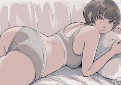 Rule 34 | 1girl, ass, brown eyes, brown hair, couch, curvy, dated, grey panties, hadashi no kenji, looking at viewer, lying, hugging object, on couch, on stomach, original, panties, pillow, pillow hug, short hair, solo, sports bra, underwear, underwear only