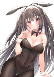 Rule 34 | 1girl, animal ears, black bow, black bowtie, black hair, black hairband, black leotard, black pantyhose, blush, bow, bowtie, breasts, cleavage, closed mouth, covered navel, cowboy shot, detached collar, fake animal ears, finger to cheek, hairband, hamico, highres, large breasts, leotard, long hair, looking at viewer, multicolored hair, original, pantyhose, pink hair, playboy bunny, rabbit ears, red eyes, solo, strapless, strapless leotard, thigh gap, two-tone hair, two side up, very long hair, wrist cuffs