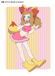 Rule 34 | 10s, 1girl, animal ears, aqua eyes, blush, boots, bow, bracelet, breasts, brown hair, cosplay, creatures (company), crop top, eyelashes, fake animal ears, fennekin (cosplay), full body, game freak, hair bow, hands up, highres, jewelry, long hair, looking back, midriff, miniskirt, navel, nintendo, open mouth, pink bow, pink shirt, pink skirt, pokemon, pokemon (anime), pokemon xy, serena (pokemon), shirt, skirt, solo, striped, striped background, tail, yellow footwear