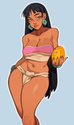 Rule 34 | 1girl, absurdres, back hair, bare legs, biting own lip, blue background, blunt bangs, breasts, brown eyes, chel (the road to el dorado), cleavage, dark-skinned female, dark skin, earrings, feet out of frame, highres, holding, jewelry, long hair, medium breasts, navel, porqueloin, red lips, simple background, solo, standing, stomach, strapless, the road to el dorado, thighs, tube top, white loincloth