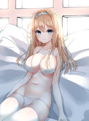 Rule 34 | 1girl, bad id, bad pixiv id, bare arms, bare shoulders, bikini, blonde hair, blue eyes, blush, breasts, rabbit hair ornament, cleavage, closed mouth, collarbone, girls&#039; frontline, groin, hair ornament, hairband, highres, large breasts, long hair, looking at viewer, navel, sitting, snowflake hair ornament, solo, stomach, suomi (girls&#039; frontline), swimsuit, thighhighs, white bikini, white thighhighs, yaya (yayaa 00)