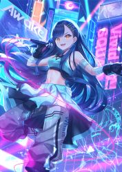 Rule 34 | 1girl, absurdres, baggy pants, bandages, bare shoulders, black gloves, black hair, blue hair, blue theme, chaps, clothes around waist, colorful, earrings, fingerless gloves, gloves, hair ornament, hairclip, highres, holding, holding microphone, jacket, jewelry, long hair, looking at viewer, lushuao, microphone, midriff, navel, open mouth, pants, pink theme, project sekai, shiraishi an, smile, solo, sports bra, standing, standing on one leg, star (symbol), swept bangs, teeth, very long hair, yellow eyes
