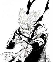 Rule 34 | 2boys, absurdres, bald, blood, blood on face, fighting stance, fingernails, garou (one-punch man), greyscale, highres, monochrome, multiple boys, murata yuusuke, numbered, official art, one-punch man, pointy hair, saitama (one-punch man), sanpaku, scan, simple background, smile, solo focus, traditional media, white background