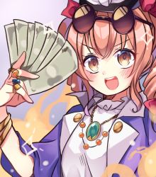 Rule 34 | 1girl, banknote, black hat, blush, brown eyes, coat, dress, glasses, hair between eyes, hat, high collar, highres, holding, holding money, jewelry, light brown hair, long hair, long sleeves, meimei (meimei89008309), money, necklace, open mouth, purple coat, ring, round eyewear, round teeth, smile, solo, teeth, top hat, touhou, upper body, upper teeth only, white dress, yorigami jo&#039;on