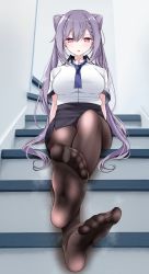 Rule 34 | 1girl, :o, black pantyhose, black skirt, blue necktie, collared shirt, commentary request, cone hair bun, crossed ankles, feet, foot focus, foreshortening, genshin impact, hair bun, highres, indoors, keqing (genshin impact), long hair, looking at viewer, necktie, oouso, pantyhose, purple eyes, purple hair, shirt, short sleeves, sitting, sitting on stairs, skirt, solo, stairs, twintails, white shirt
