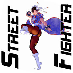 Rule 34 | 1girl, ass, bad id, bad pixiv id, boots, breasts, brown eyes, brown hair, bun cover, capcom, chinese clothes, chun-li, double bun, fight stance, fighting stance, large breasts, legs, pantyhose, pelvic curtain, solo, standing, standing on one leg, street fighter, wakino keibun