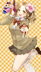 Rule 34 | 1girl, blush, bow, bowtie, brown cardigan, brown hair, brown skirt, cardigan, cellphone, charm (object), diagonal-striped bow, diagonal-striped bowtie, diagonal-striped clothes, flower, gyaru, gyaru v, hair flower, hair ornament, highres, holding, holding phone, ichikawa hinana, idolmaster, idolmaster shiny colors, kogal, looking at viewer, loose socks, miniskirt, patterned background, phone, pleated skirt, red bow, red bowtie, school uniform, skirt, smile, socks, solo, standing, standing on one leg, striped clothes, tsugumi (xend3233), v, white socks