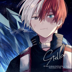 Rule 34 | 1boy, absurdres, black shirt, black sky, blue eyes, blue sky, boku no hero academia, closed mouth, cover, cover page, english text, gradient sky, grey eyes, hair between eyes, heterochromia, highres, ice, looking at viewer, male focus, mandarin collar, multicolored hair, night, night sky, outdoors, red hair, rio 18, shirt, short hair, short sleeves, sky, smile, solo, star (sky), starry sky, todoroki shouto, two-tone hair, upper body, white hair