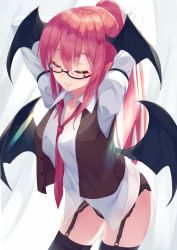 Rule 34 | 1girl, adjusting hair, alternate hairstyle, arm garter, arms behind back, bespectacled, black-framed eyewear, black panties, black thighhighs, black vest, blush, bottomless, breasts, cleavage, closed eyes, closed mouth, cowboy shot, demon girl, demon wings, dress shirt, garter belt, glasses, hair between eyes, head wings, highres, igayan, juliet sleeves, koakuma, lace, lace-trimmed panties, lace trim, leaning forward, long hair, long sleeves, low wings, medium breasts, mouth hold, necktie, no pants, open clothes, open vest, panties, pointy ears, puffy sleeves, red hair, red necktie, semi-rimless eyewear, shirt, sidelocks, smile, solo, sunlight, thighhighs, touhou, under-rim eyewear, underwear, vest, white shirt, wings, zettai ryouiki