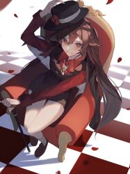 Rule 34 | 1girl, alternate costume, arm up, armchair, bare legs, black hat, black jacket, black skirt, black vest, blurry, brooch, brown footwear, brown hair, cane, chair, checkered floor, depth of field, flower, flower-shaped pupils, formal, from above, full body, genshin impact, hair between eyes, hat, hat flower, highres, holding, holding cane, holding clothes, holding hat, hu tao (genshin impact), jacket, jacket on shoulders, jewelry, long hair, long sleeves, looking at viewer, miniskirt, necktie, on chair, open mouth, outstretched arm, pink pupils, poscorn617, red eyes, red petals, red shirt, shirt, shoes, sitting, skirt, smile, socks, solo, symbol-shaped pupils, thigh gap, twintails, unworn hat, unworn headwear, vest, white necktie, white socks