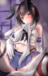 Rule 34 | 2girls, black hair, black hairband, black neckerchief, black panties, blue skirt, blurry, brown eyes, cosplay, crop top, depth of field, dress, elbow gloves, giraffe (ilconte), gloves, hair ornament, hairband, highleg, highleg panties, highres, kantai collection, midriff, miniskirt, mouth hold, multiple girls, navel, neckerchief, panties, pleated dress, scarf, sendai (kancolle), shimakaze (kancolle), shimakaze (kancolle) (cosplay), sitting, skirt, solo focus, spread legs, striped clothes, striped legwear, striped thighhighs, thighhighs, two side up, underwear, white gloves, white scarf, window