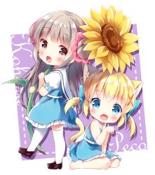 Rule 34 | 2girls, :d, animal ear fluff, animal ears, barefoot, blonde hair, blue dress, blush, border, brown eyes, brown footwear, brown hair, character name, chibi, colored eyelashes, commentary, double bun, dress, fang, flower, hair bun, hair flower, hair ornament, irori, koharu (irori), loafers, long hair, looking at viewer, medium hair, multiple girls, open mouth, original, paw pose, puffy short sleeves, puffy sleeves, purple background, shirt, shoes, short sleeves, short twintails, sidelocks, simple background, sitting, smile, standing, sunflower, thighhighs, twintails, wariza, white border, white shirt, white thighhighs, x hair ornament
