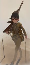 Rule 34 | 1girl, absurdres, buttons, chauchat, collared shirt, furrowed brow, gun, highres, long sleeves, military, military uniform, original, polilla, pout, sand, shirt, short hair, solo, uniform, v-shaped eyebrows, walking, weapon