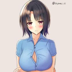 Rule 34 | 1girl, alternate costume, angry, black hair, blue shirt, breasts, button gap, cleavage, collarbone, crossed arms, dress shirt, frown, grey background, highres, kantai collection, large breasts, red eyes, shirt, short hair, simple background, solo, split mouth, takao (kancolle), toyomi 13, twitter username, unbuttoned, unbuttoned shirt, upper body