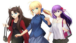 Rule 34 | 3girls, ahoge, alternate costume, artoria pendragon (all), artoria pendragon (fate), bag, black hair, black pants, black shirt, blonde hair, blue eyes, blue shirt, blue skirt, breasts, camisole, cleavage, closed mouth, collared shirt, earrings, fate/stay night, fate (series), green eyes, hair ribbon, handbag, highres, holding strap, jacket, jewelry, long hair, long sleeves, looking at viewer, matou sakura, medium breasts, mishiro (ixtlolton), multiple girls, necklace, open mouth, pants, ponytail, purple eyes, purple hair, red jacket, red ribbon, ribbon, saber (fate), shirt, sidelocks, simple background, skirt, smile, spaghetti strap, straight hair, stud earrings, tohsaka rin, two side up, watch, white background, wristwatch