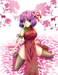 Rule 34 | 1girl, breasts, china dress, chinese clothes, dress, female focus, flower, hair ornament, hiba (p-p-purin), hieda no akyuu, impossible clothes, large breasts, aged up, purple eyes, purple hair, short hair, side slit, solo, spread legs, thighhighs, touhou