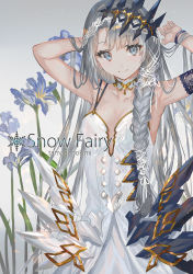 Rule 34 | 1girl, armpits, blue eyes, braid, closed mouth, commentary request, detached collar, dress, eyelashes, flower, flower request, grey hair, hair ribbon, hands up, long hair, looking at viewer, original, purple flower, ran&#039;ou (tamago no kimi), ribbon, smile, solo, very long hair, white dress, white ribbon, wristband