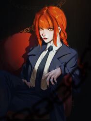 Rule 34 | 1girl, absurdres, alternate hair color, black jacket, black necktie, chainsaw man, charmiisan, collared shirt, crossed legs, formal, highres, jacket, looking at viewer, necktie, office lady, open clothes, open jacket, orange hair, red lips, ringed eyes, shirt, sidelocks, sitting, solo, suit, white shirt, yellow eyes