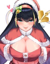 Rule 34 | black hair, blonde hair, blue eyes, blush, bow, breasts, buttons, capelet, cleavage, commentary request, crop top, detached sleeves, friend a1012, fur-trimmed capelet, fur-trimmed headwear, fur-trimmed sleeves, fur trim, gradient hair, green bow, hair between eyes, hairband, hat, heart, highres, large breasts, lessar, long hair, looking at viewer, mechanical tail, midriff, multicolored hair, navel, pom pom (clothes), red capelet, red hairband, santa costume, santa hat, snowflake print, tail, toaru majutsu no index, tongue, tongue out, white background, wide sleeves