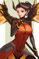 Rule 34 | 1girl, armor, black hair, bodysuit, breasts, cowboy shot, dark persona, demon horns, devil mercy, facial mark, faulds, finger to mouth, forehead mark, gaoyang ou nisang, gloves, green background, high collar, highres, holding, holding staff, horns, index finger raised, large breasts, light smile, lips, lipstick, looking at viewer, makeup, mechanical wings, mercy (overwatch), official alternate costume, olive background, orange wings, outline, overwatch, overwatch 1, ponytail, purple eyes, red lips, shushing, solo, spread wings, staff, striped, striped background, two-tone background, upper body, vertical stripes, white background, wings