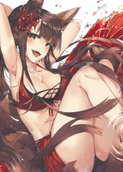 Rule 34 | 1girl, :d, akagi (azur lane), akagi (paradise amaryllis) (azur lane), alternate costume, animal ears, armpits, arms behind head, azur lane, bikini, blush, breasts, brown hair, bubble, cleavage, collarbone, fangs, fox ears, fox tail, highres, knees up, large breasts, light particles, long hair, looking at viewer, multiple tails, open mouth, red bikini, red eyes, red sarong, ripples, sarong, smile, solo, swimsuit, tail, thighs, tuxedo de cat, water drop