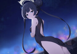 Rule 34 | 1girl, absurdres, black dress, black eyes, black hair, blue archive, breasts, china dress, chinese clothes, closed mouth, cowboy shot, double bun, dress, dutch angle, grey halo, hair bun, halo, highres, kisaki (blue archive), kittenlochen, long hair, looking at viewer, pelvic curtain, sleeveless, sleeveless dress, small breasts, solo, twintails