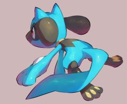 Rule 34 | creatures (company), from behind, full body, game freak, gen 4 pokemon, highres, nintendo, no humans, nullma, outstretched arm, pokemon, pokemon (creature), red eyes, riolu, simple background, solo, toes