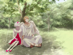 Rule 34 | 10s, 1boy, 1girl, ancient greek clothes, angel, angel wings, bare shoulders, blonde hair, blue eyes, bob cut, chiton, cis (tiger &amp; bunny), couple, dress, hairband, hetero, keith goodman, kimagure3pm, sandals, shade, short hair, tiger &amp; bunny, toga, tree, white hair, wings, wins